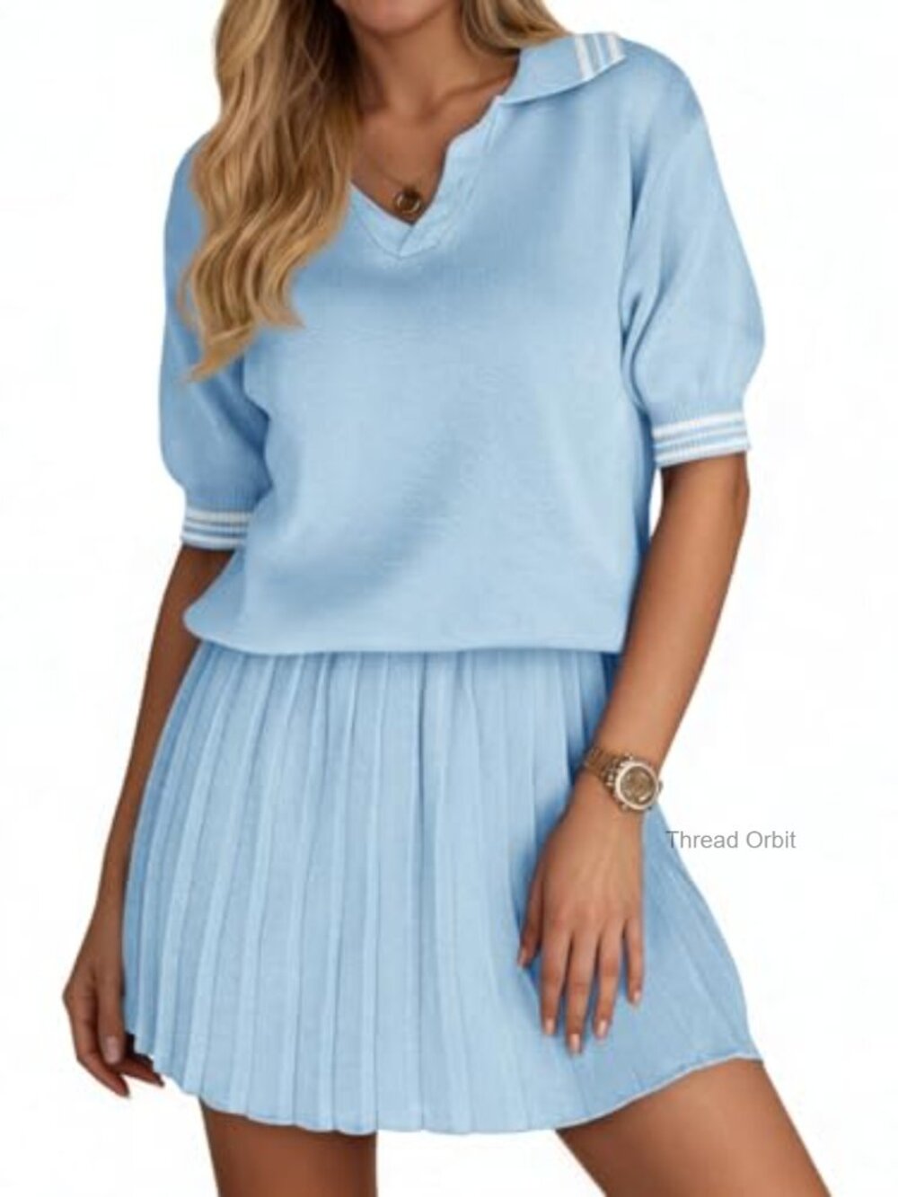 2 Piece Skirt Set: Knit Sweater Top & Pleated Mini Skirt, Lounge Set - Picture 2 of 7